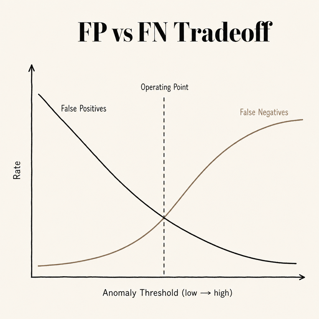 Conceptual chart showing the tradeoff between false positives and false negatives at different anomaly score thresholds, with an operating point marked at the crossover.